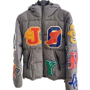 Joy Rich LA Puffer Wool Jacket Men's M Patches Hooded Steetwear Varsity Academia